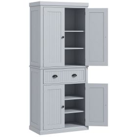 HOMCOM 72 Kitchen Pantry Cabinet Storage, Freestanding Cupboard with Drawer 4 Doors Adjustable Shelves, Gray