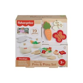 Fisher-Price Wooden Kitchen Pots and Pans Set 19 Piece Pretend Play Cooking Toy for Preschoolers Ages 3 and Up