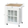 HOMCOM Mobile Kitchen Trolley, White, Elegant Glass Panel Door, Metallic Grip, Towel Holder, Versatile Use
