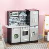 Qaba Brown Wooden Kids Kitchen Playset | Interactive Washing Machine and Water Dispenser